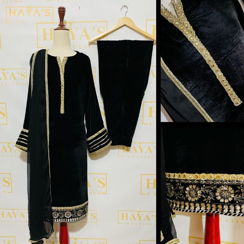 3 Piece Black Velvet Dress With Golden Lace - Hayas Creation