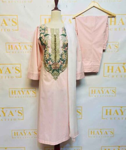 3-piece Embroidered Baby Pink Lawn Dress with matching Lawn trousers and a soft Chiffon dupatta.