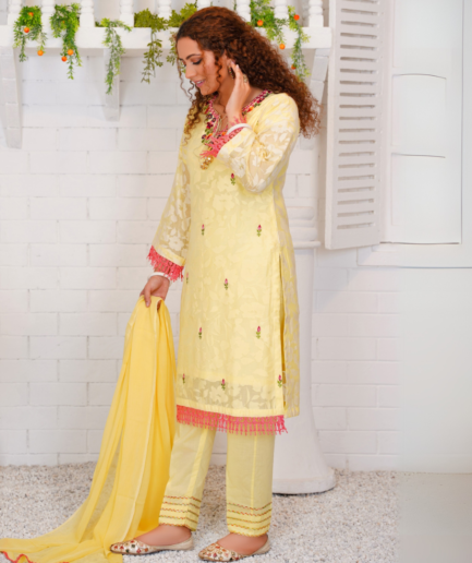 3-piece Embroidered Lemon Broshia Lawn Dress