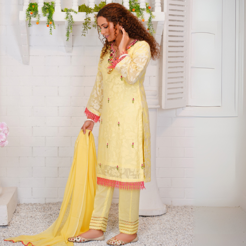 3-piece Embroidered Lemon Broshia Lawn Dress