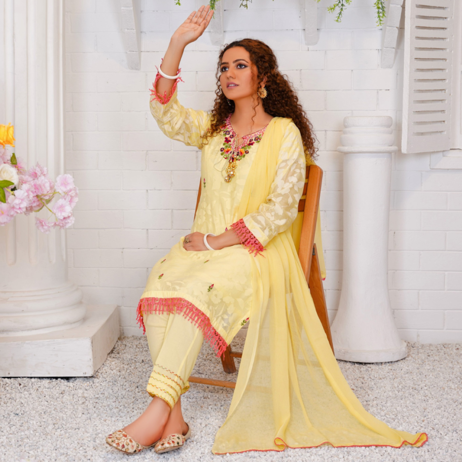 3-piece Embroidered Lemon Broshia Lawn Dress