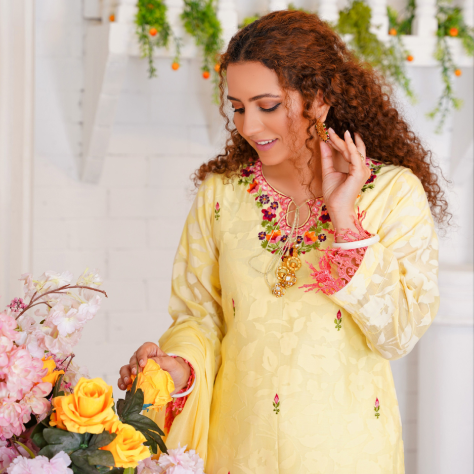 3-piece Embroidered Lemon Broshia Lawn Dress