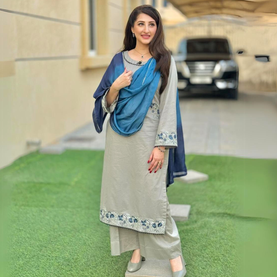 3-piece Embroidered Grey and Blue Lawn Dress