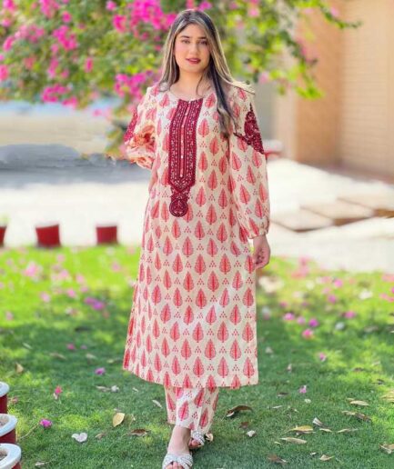2-piece Embroidered Cream Printed Lawn Dress