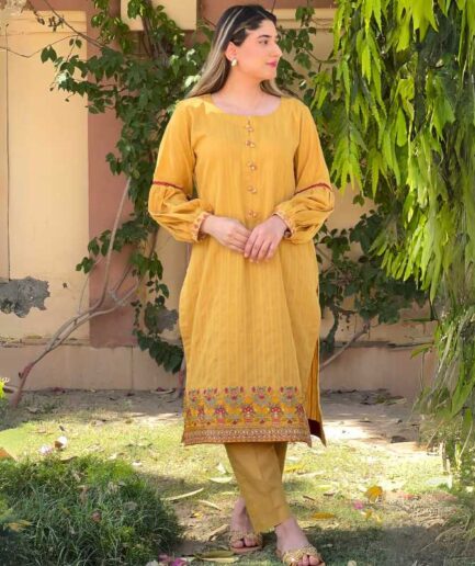 3-piece Mustard Embroidered Lawn Dress