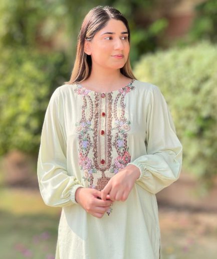 2-piece Embroidered Pistachio Green Lawn Short Dress