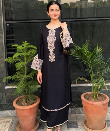 2-piece Embroidered Black Dhanak Mareena Dress