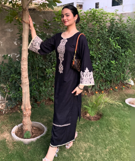 2-piece Embroidered Black Dhanak Mareena Dress