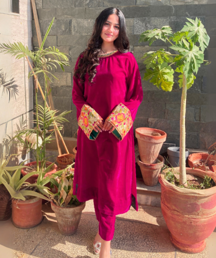 2-piece Embroidered Shocking Pink Velvet Dress