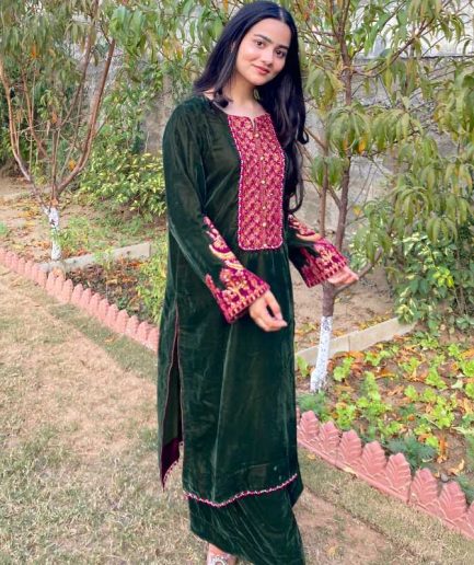 2-piece Embroidered Mehndi Green Velvet Dress