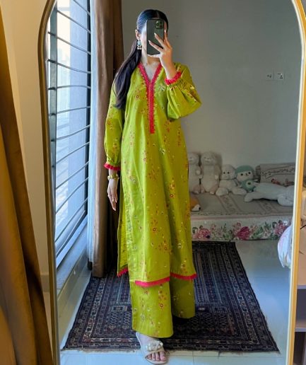 2-piece Parrot Green Printed Khaddar Dress