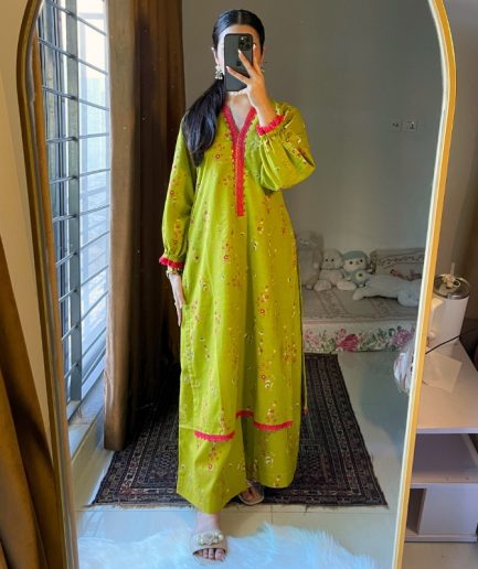 2-piece Parrot Green Printed Khaddar Dress