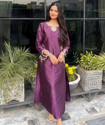 2-piece Crystal-worked Dark Purple Raw Silk Dress