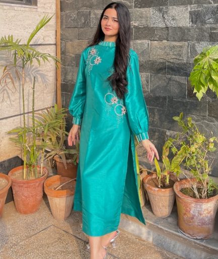 2-piece Hand-worked Sea Green Raw Silk Dress