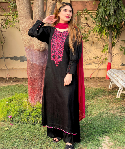 2-piece Embroidered Black Lawn Dress