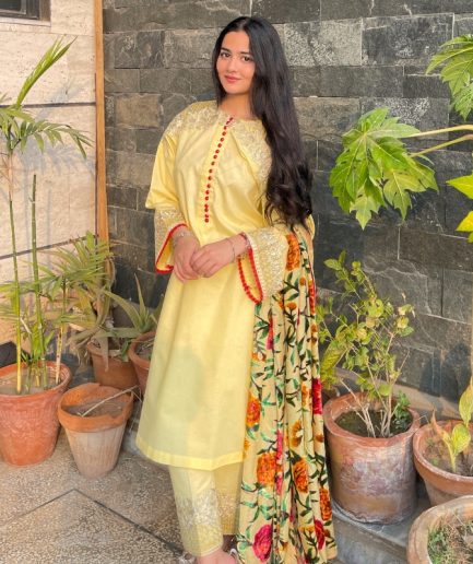 3-piece Embroidered Light Yellow Lawn Dress