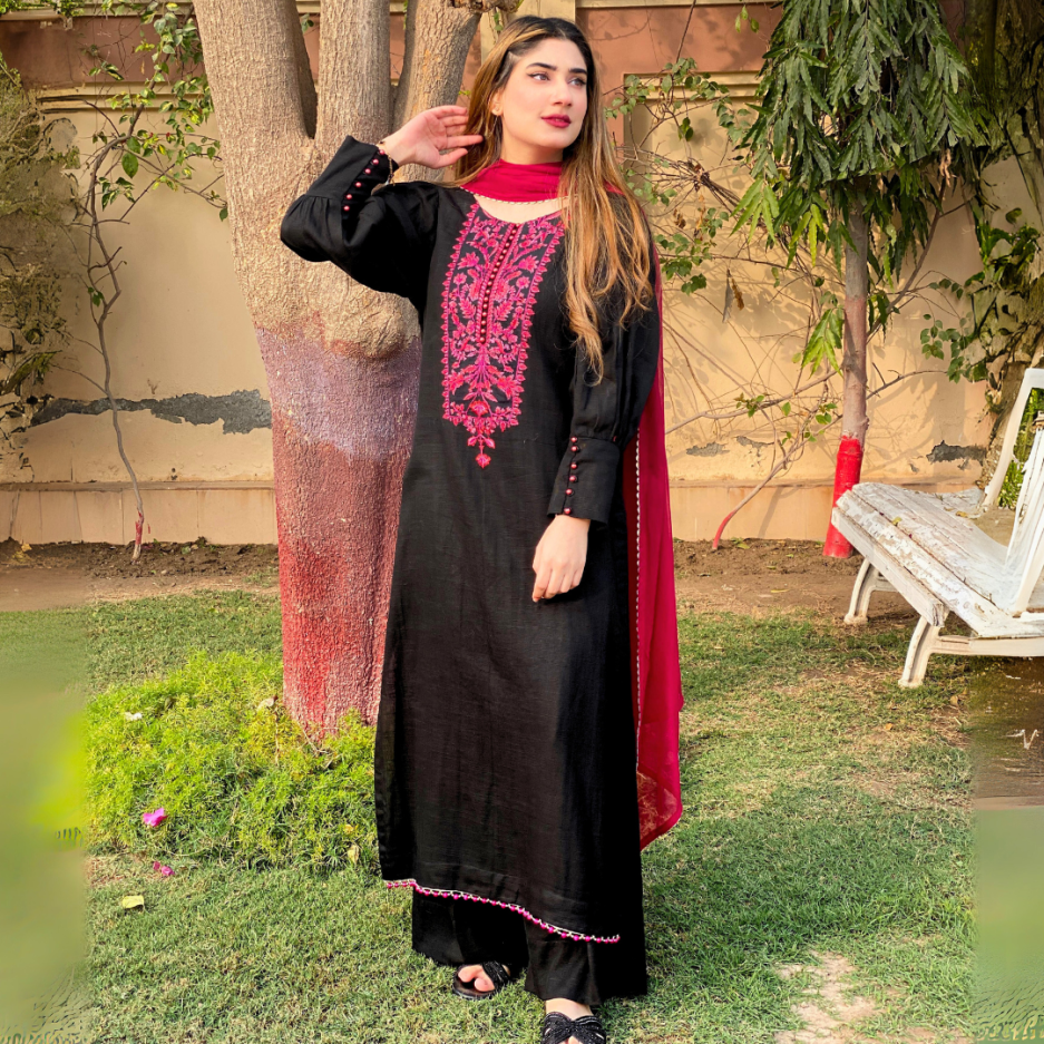 2-piece Embroidered Black Lawn Dress