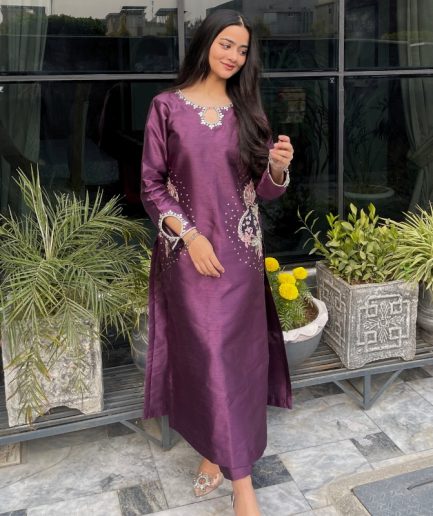 2-piece Crystal-worked Dark Purple Raw Silk Dress