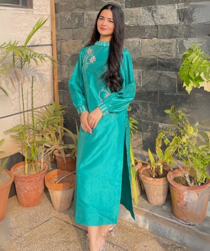 2-piece Hand-worked Sea Green Raw Silk Dress