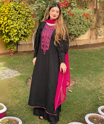 2-piece Embroidered Black Lawn Dress