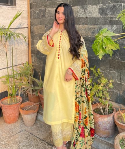 3-piece Embroidered Light Yellow Lawn Dress