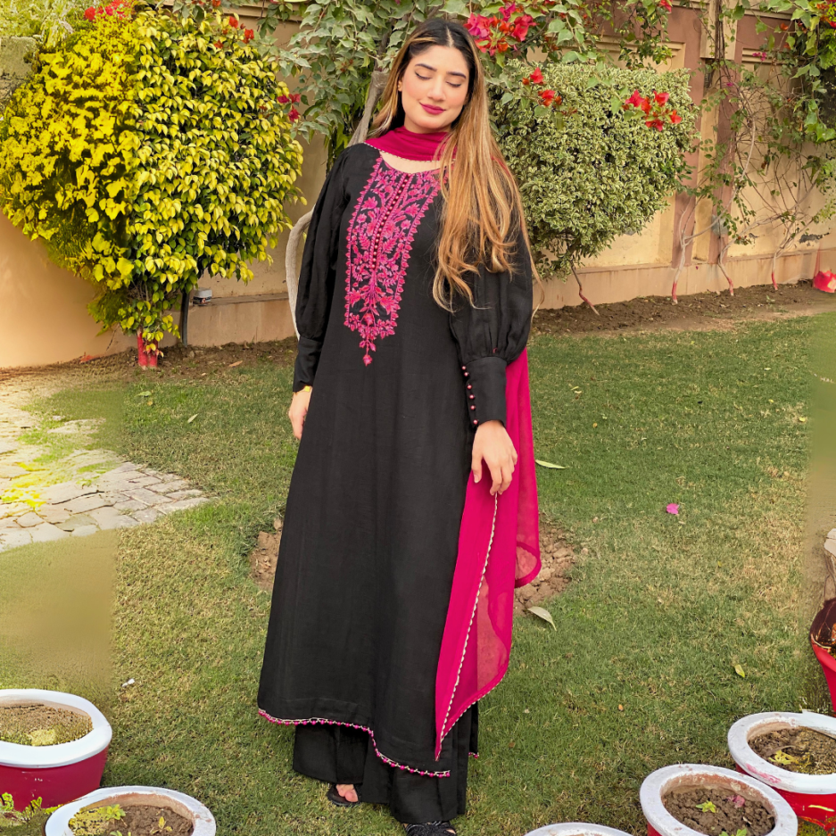 2-piece Embroidered Black Lawn Dress