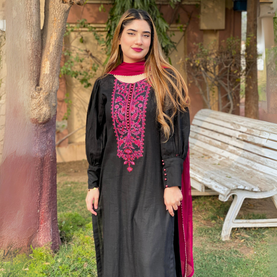 2-piece Embroidered Black Lawn Dress