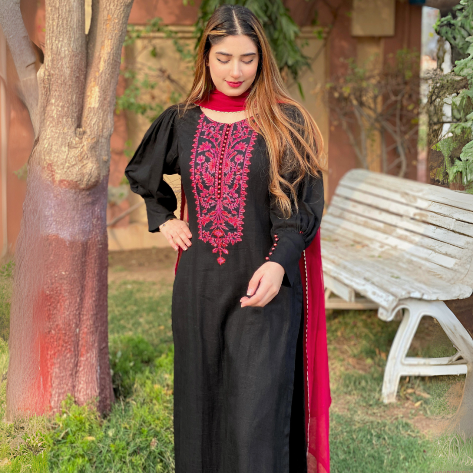 2-piece Embroidered Black Lawn Dress