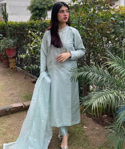 3-piece Embroidered Ice Blue Raw Silk Dress